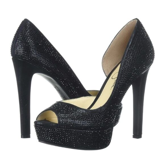 ♥️ Jessica Simpson Black Rhinestone Peep-Toe d’Orsay Pumps - Picture 5 of 13